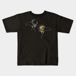 Moon and Sun. Celestial illustration of hands holding a dripping moon and sun Kids T-Shirt
